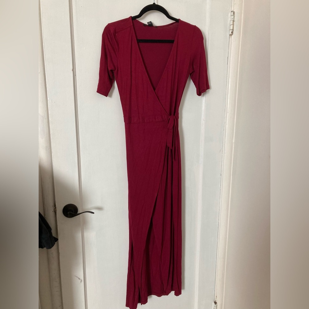 long red wrap around dress
